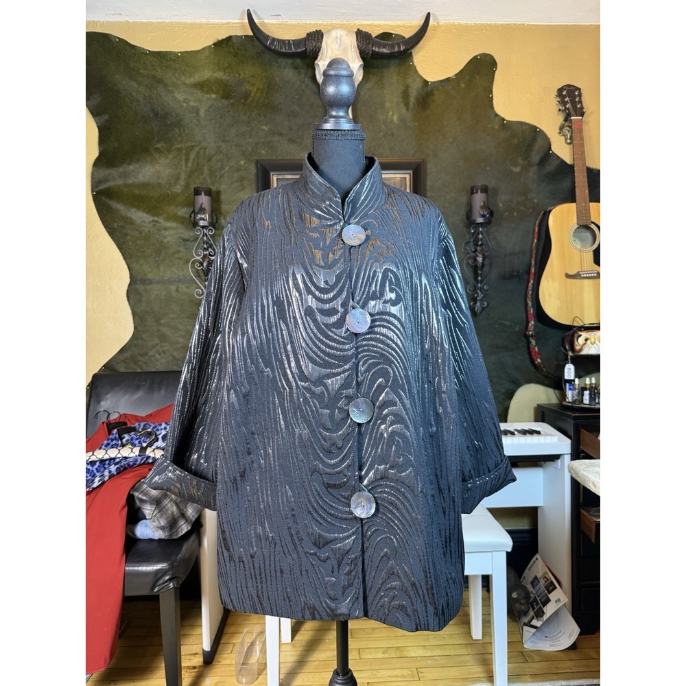 Caroline Rose Black Metallic Jacquard Jacket Mother of Pearl Buttons pics size